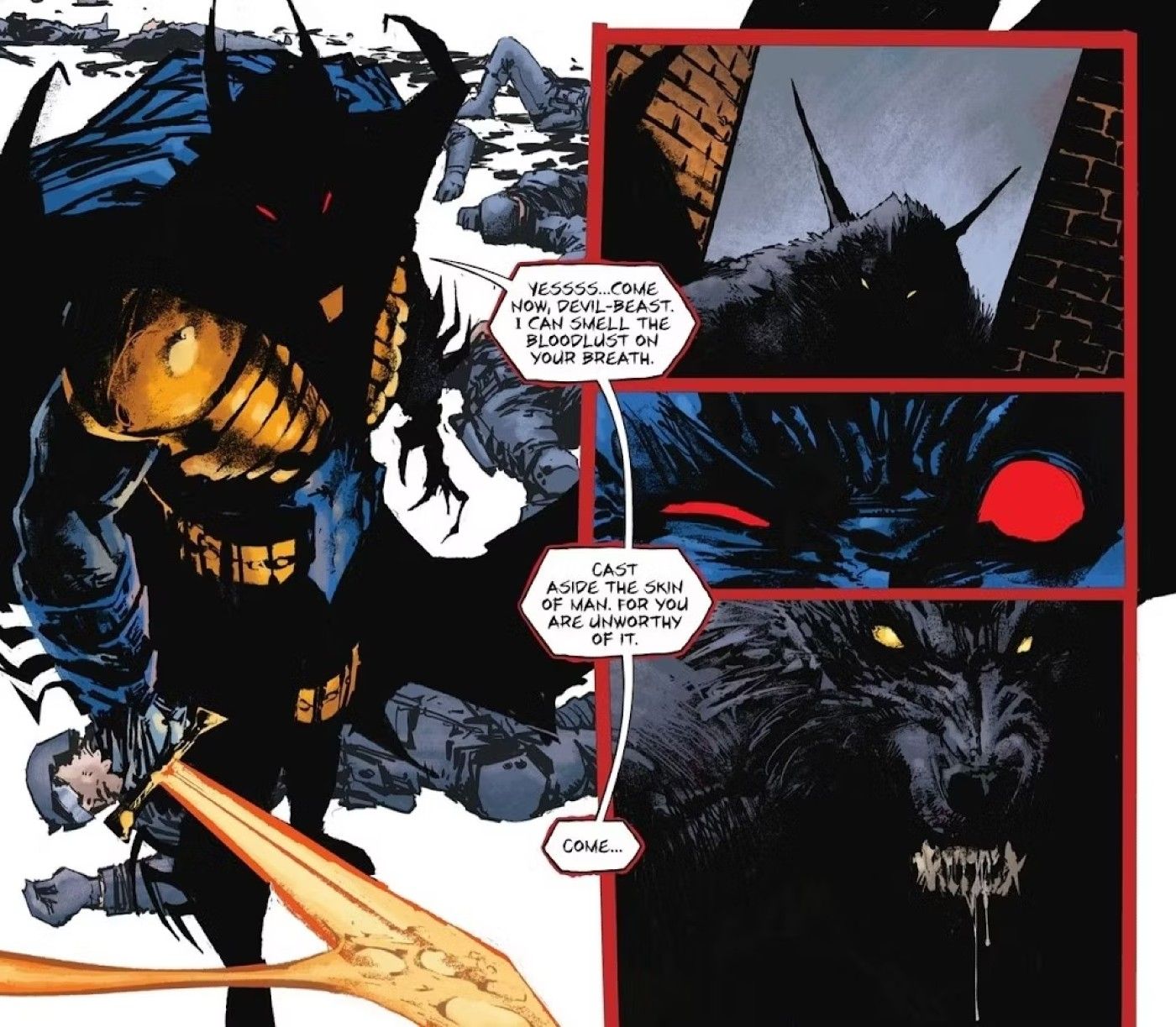 Comic book panels: Azrael, in his armored batsuit, goads the werewolf Gael Tenclaw into a standoff.