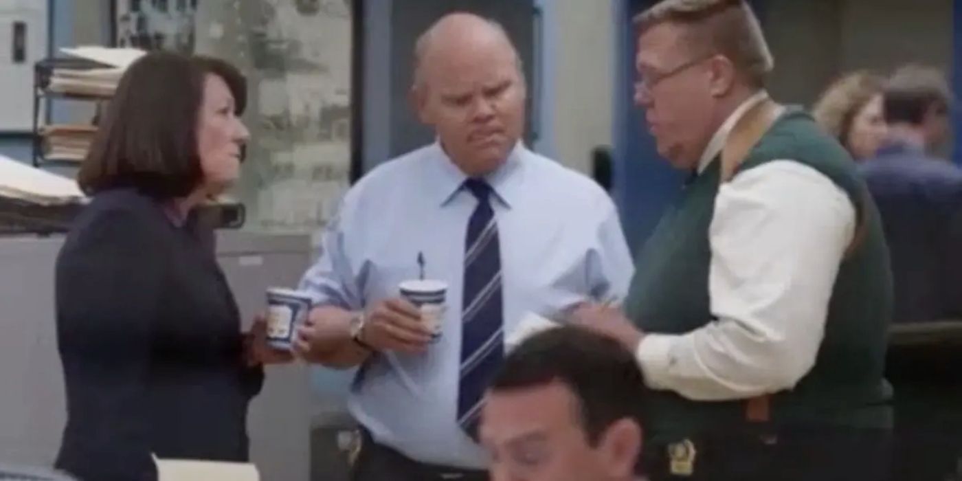 Hitchcock and Scully with cut character Daniels in Brooklyn Nine-Nine