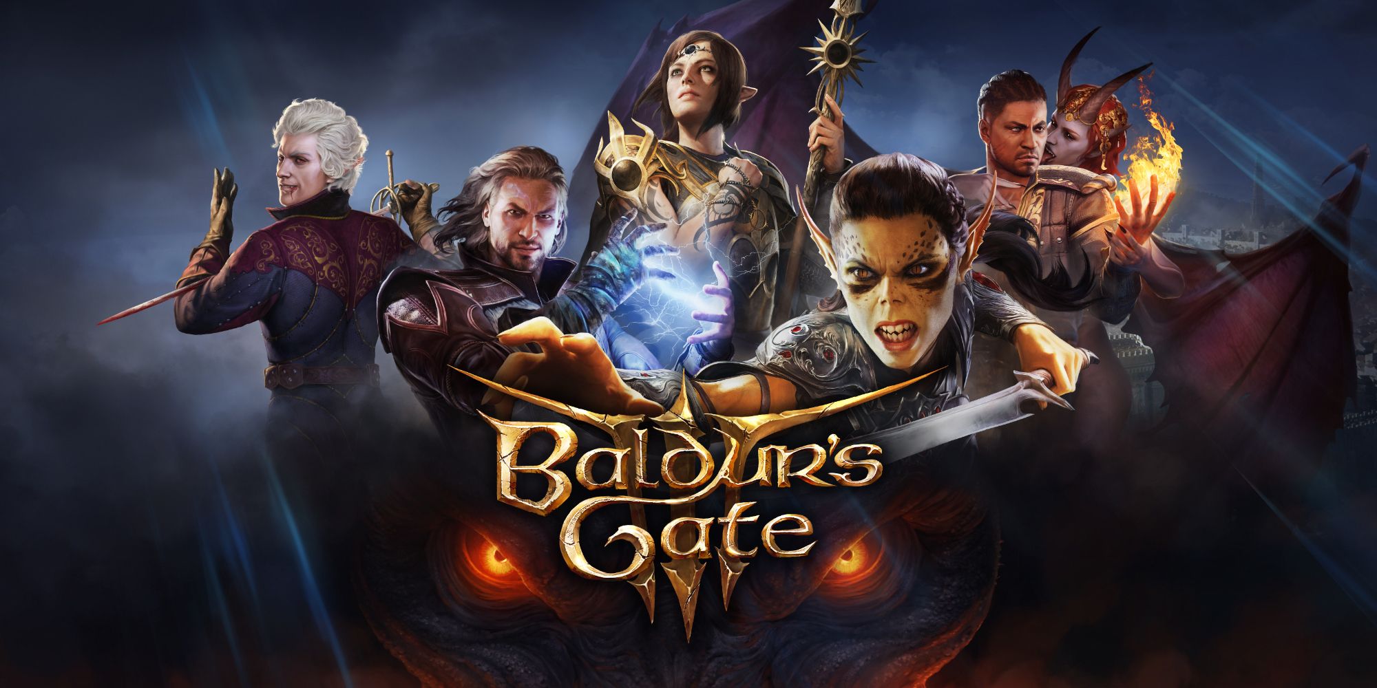 Key art for Baldur's Gate 3, showing multiple characters surrounding the game's logo.