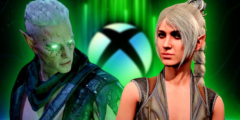 He Who Was and Shadowheart from Baldurs Gate 3 superimposed over a blurred image with the Xbox logo in the background.