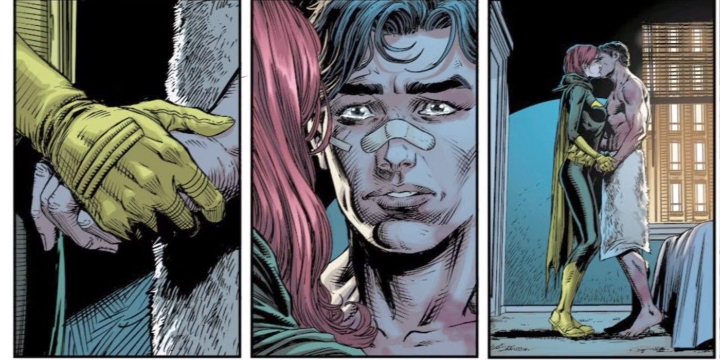 Comic book panels: Barbara Gordon Batgirl and Jason Todd kiss.