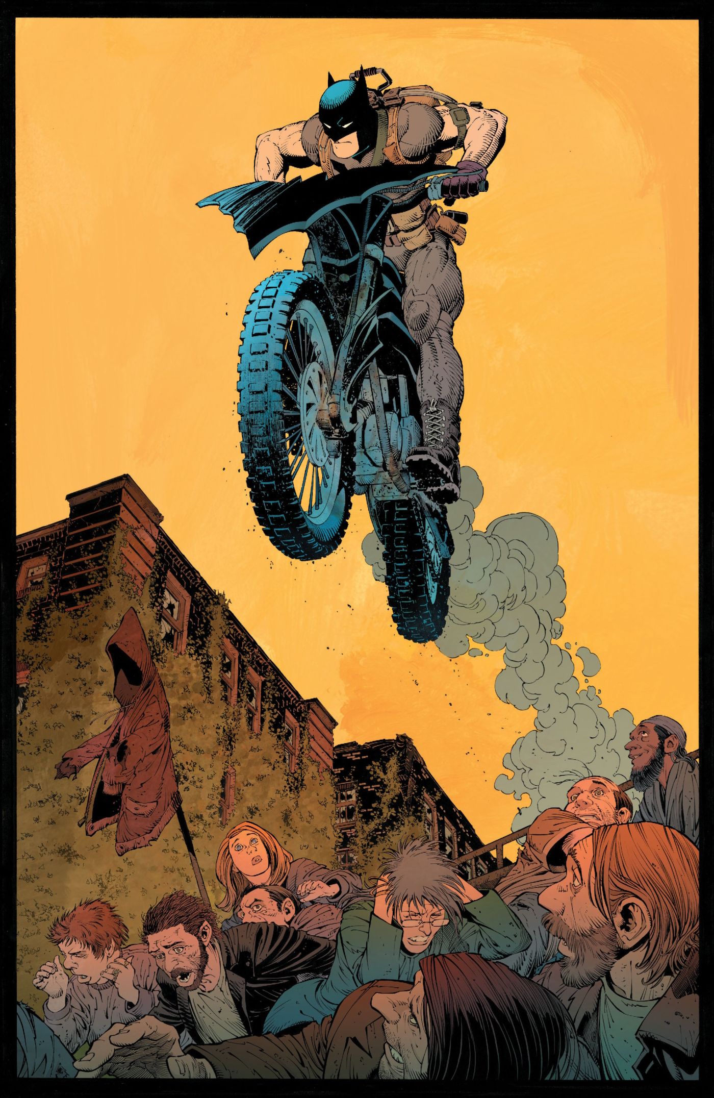 Comic book page: Batman rides a bat-themed motorcycle, jumping over a crowd of people.