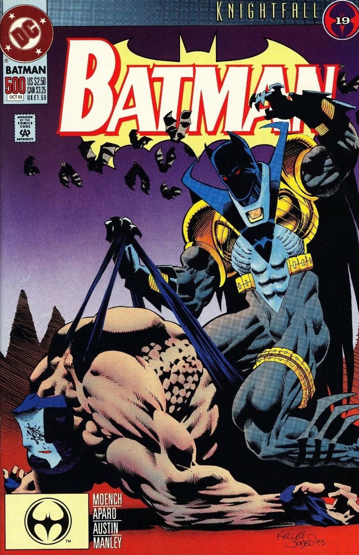 The cover to Batman 500 - Azrael, in his bladed Batsuit, stands over Bane&rsquo;s broken body.