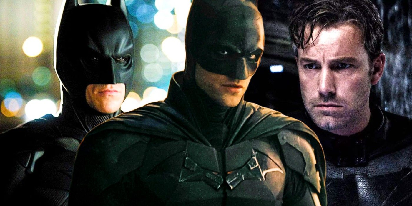 Custom image of Christian Bale, Robert Pattinson, and Ben Affleck as Batman.
