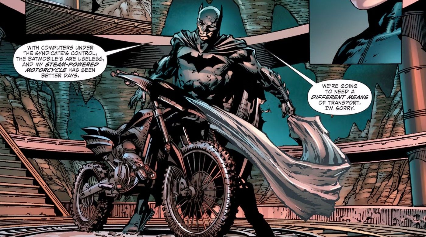 Comic book panel: Batman stands behind a black motorcycle.