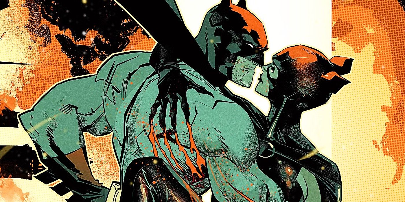 Batman and Catwoman Embracing in Front of Fire