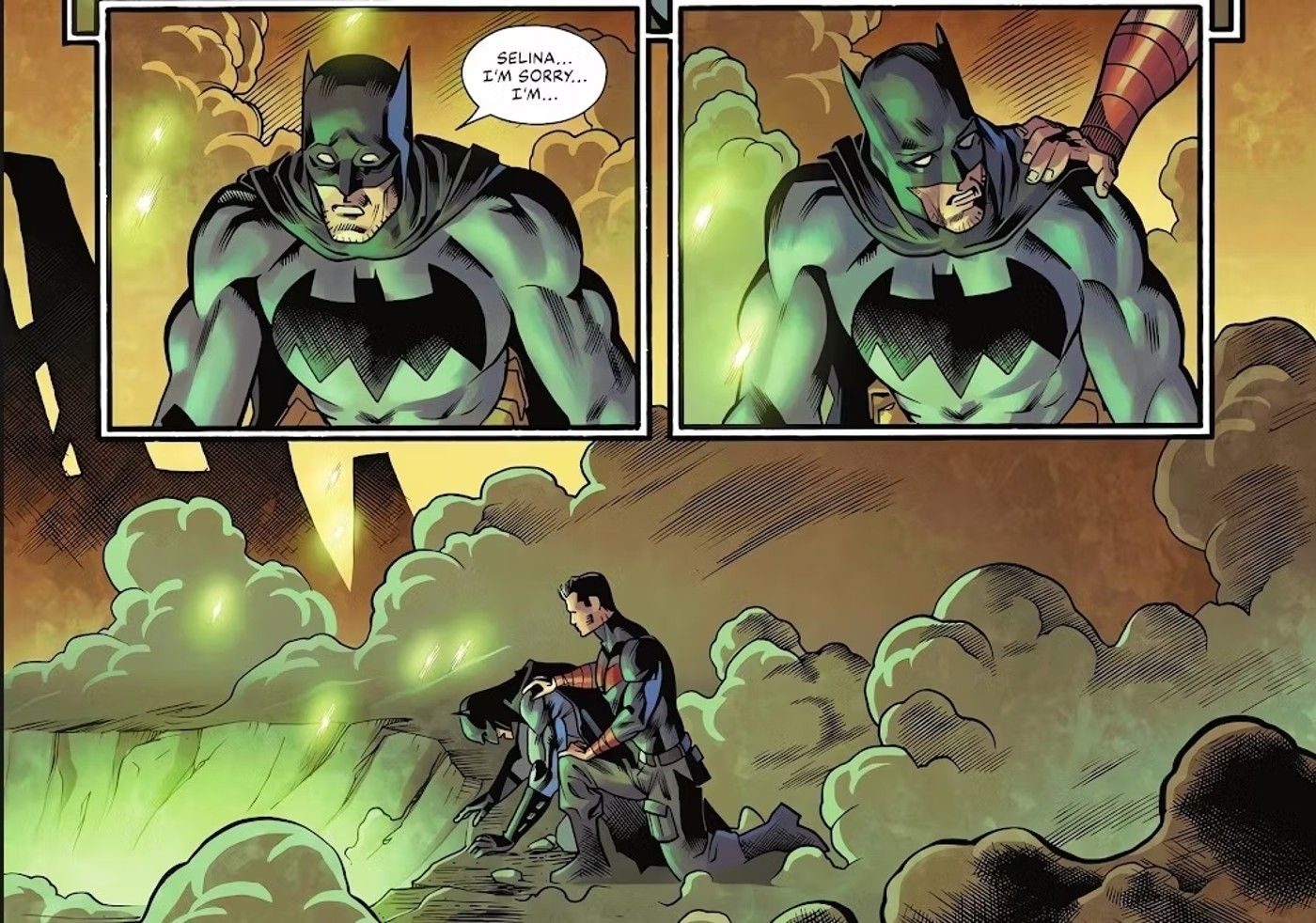 Batman e Capuz Vermelho procuram Mulher-Gato em uma cratera