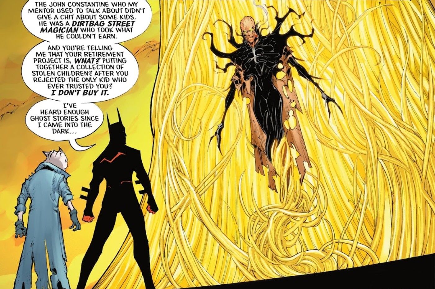 Comic book panel: costume superheroes confront a monster man attached to a yellow pillar.
