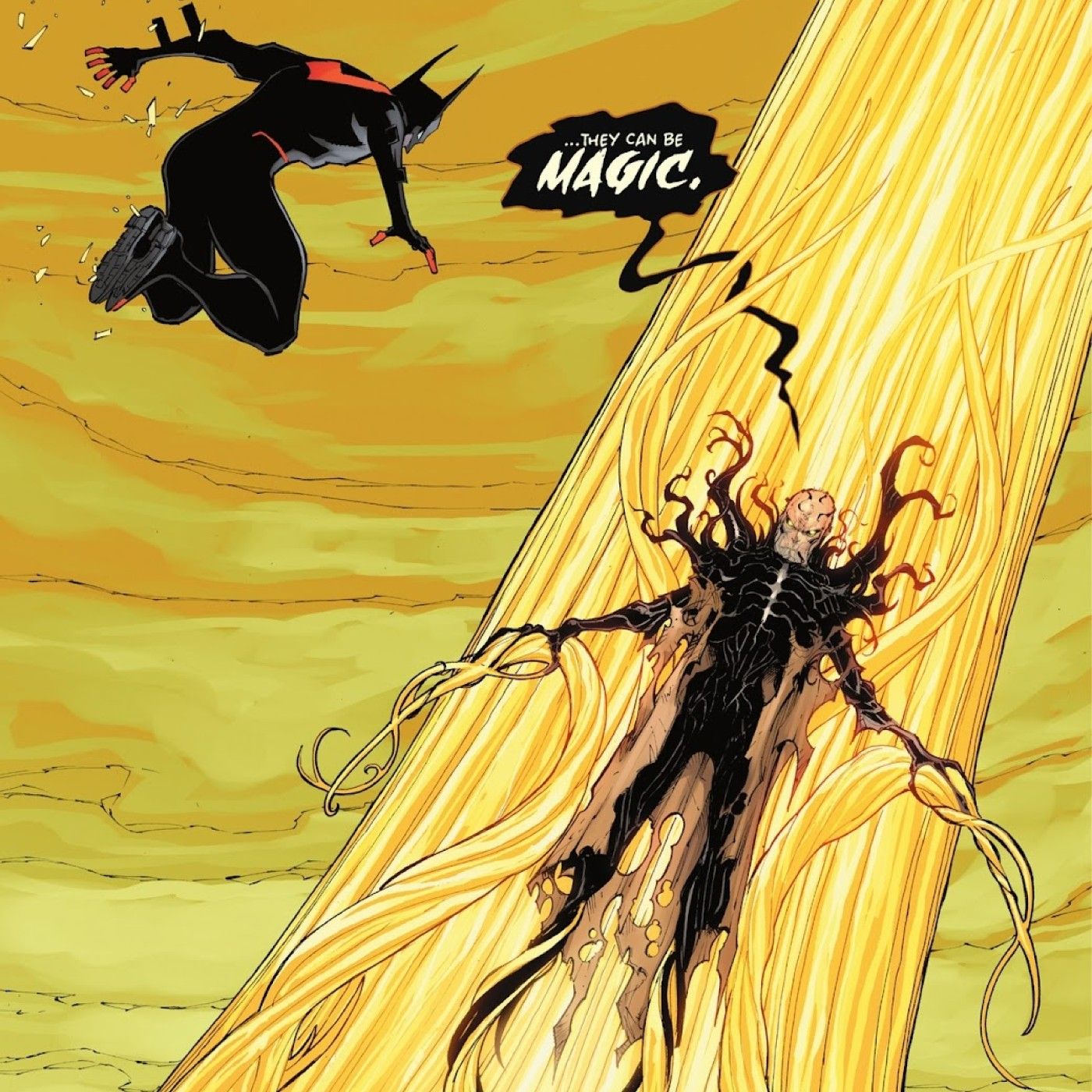 Comic book page: Batman Beyond in a black batsuit leaps at a warped, monstrous version of Constantine attached to a yellow pillar.