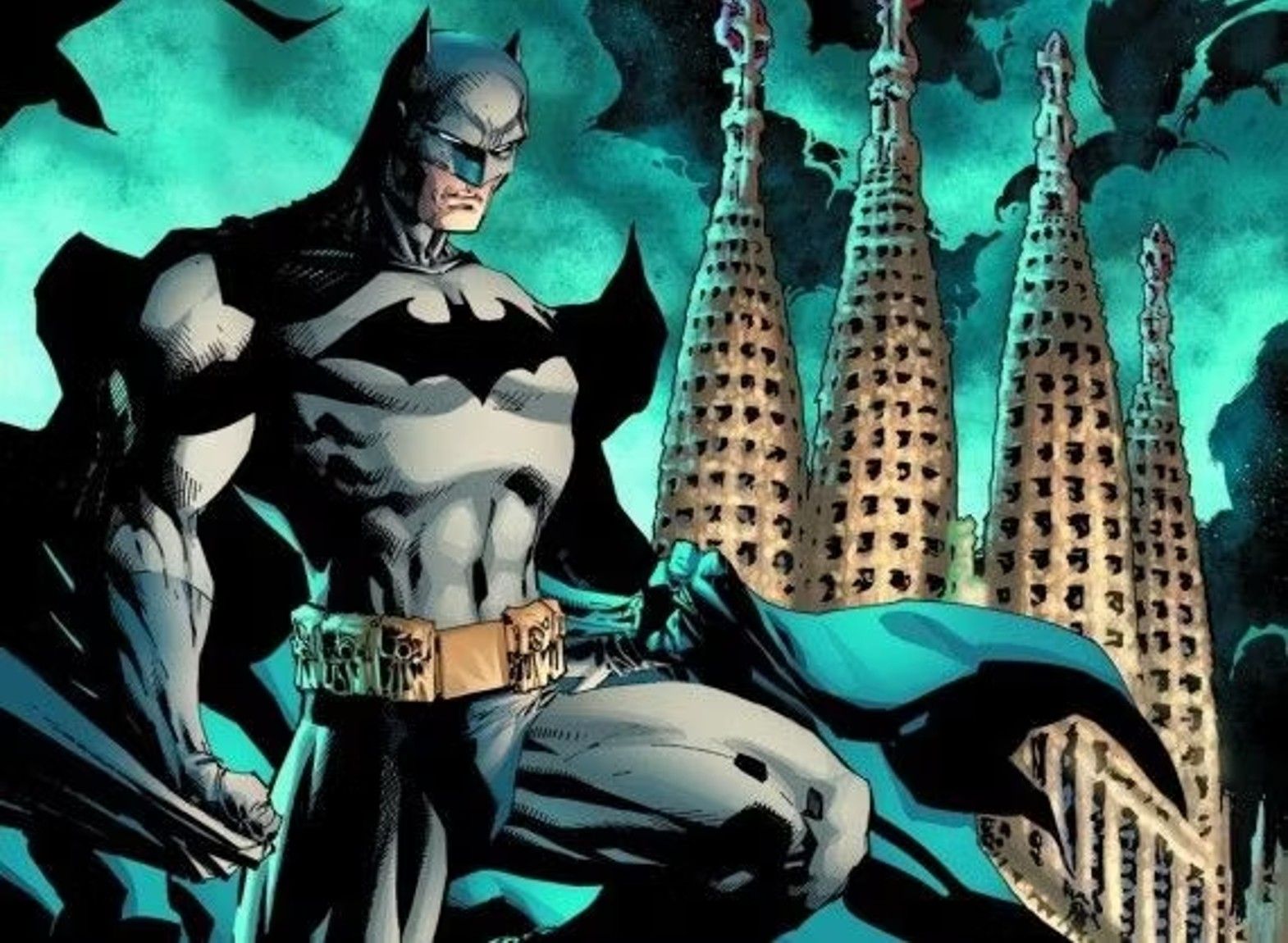 Jim Lee's Batman against the backdrop of a green sky and Gotham skyscrapers