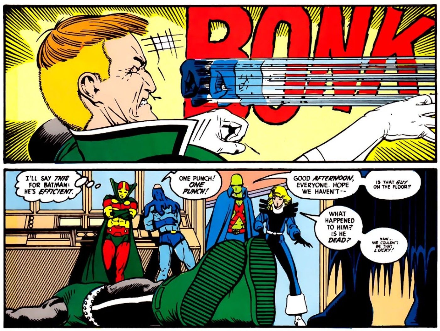 Comic book panels: Costumed superheroes stand around talking after Batman punches Green Lantern Guy Gardner.