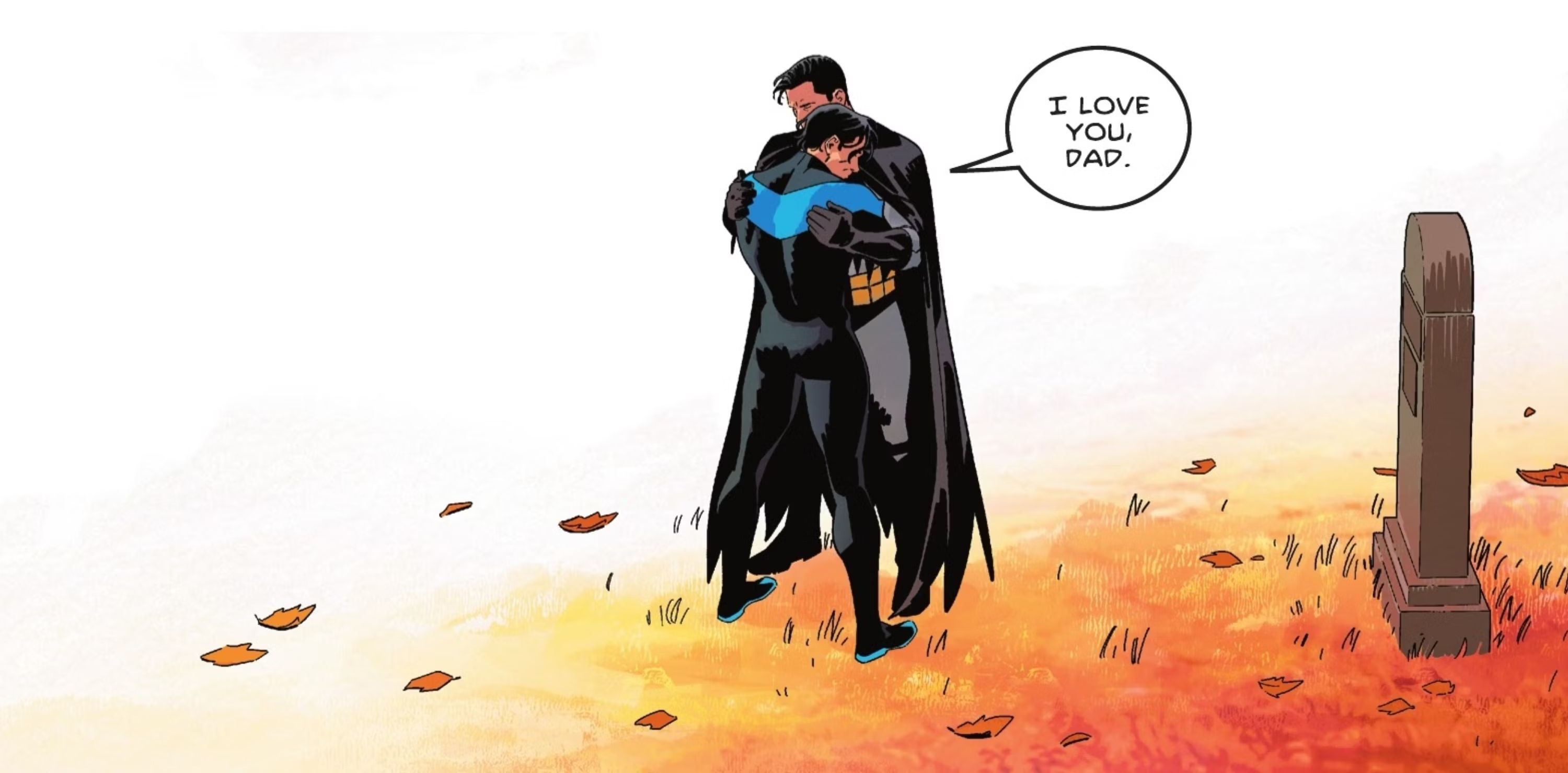 Nightwing says &ldquo;I love you, Dad&rdquo; to Batman while they hug