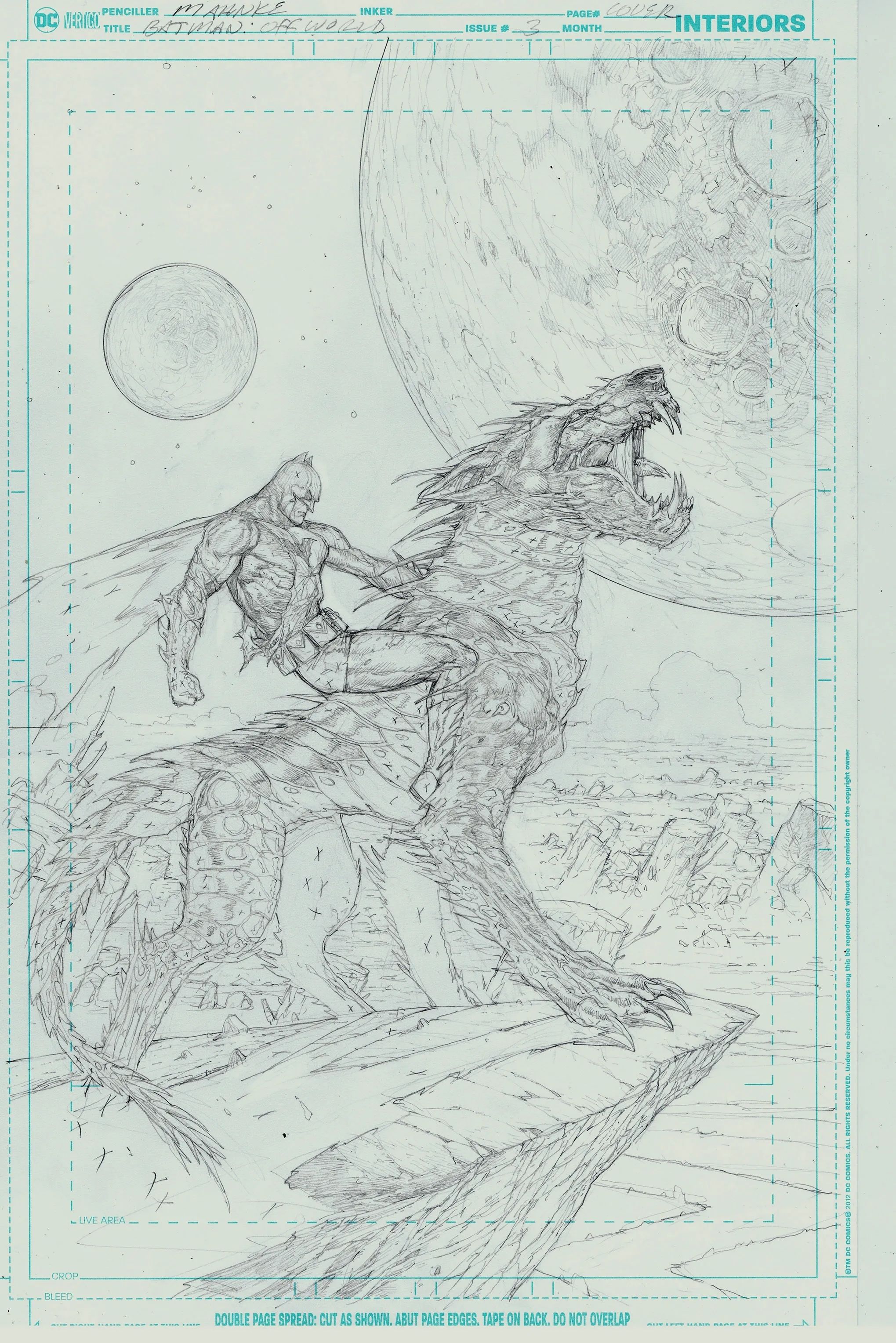 Lápices de la portada de un cómic.  Batman monta una bestia alienígena mientras se enfrenta a una luna alienígena.