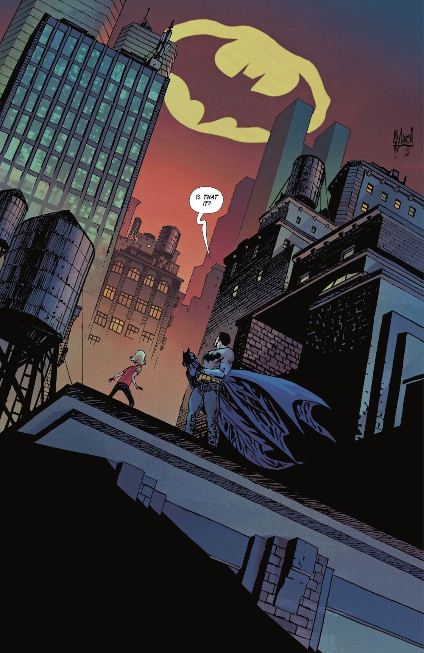 Full comic book page: Batman seees the Batsignal in Gotham while on a rooftop.