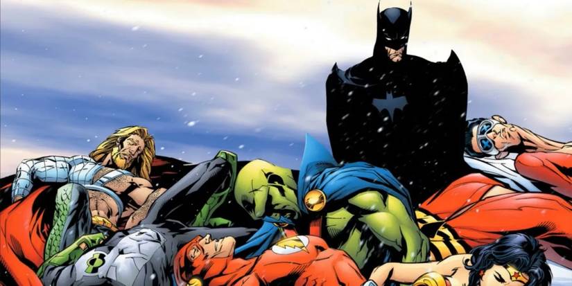 Comic book art: Batman standing over a beaten Justice League on Tower of Babel cover