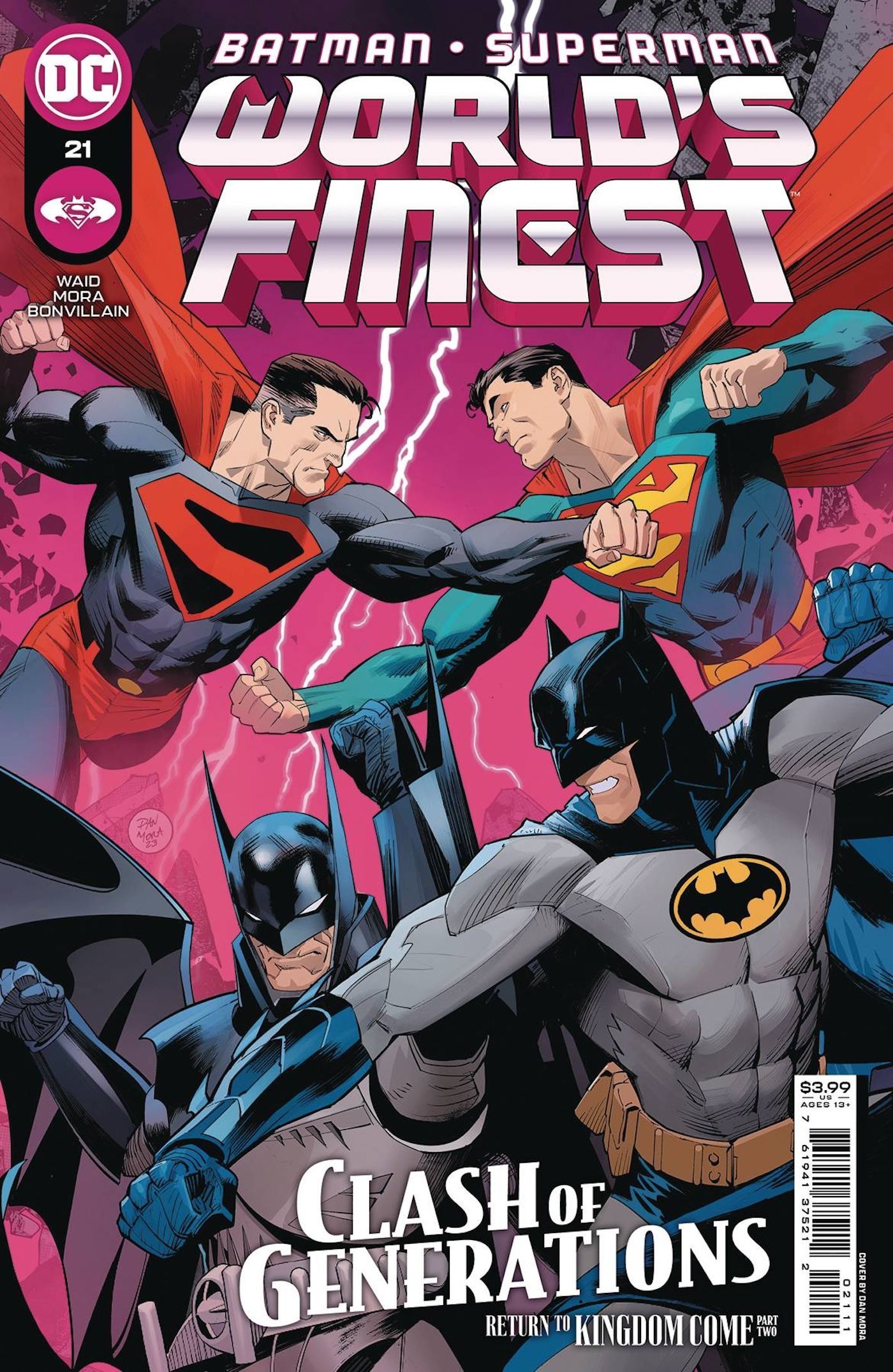Batman/Superman: World's Finest 21 Portada principal: Superhéroes disfrazados de dos mundos alternativos luchan.