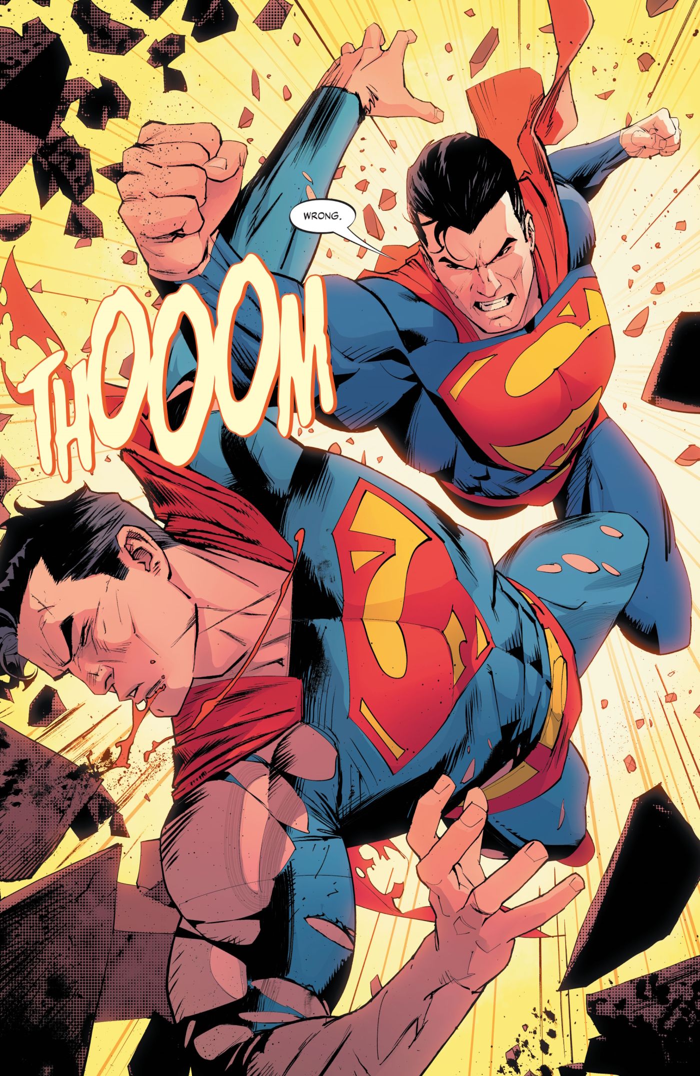 Comic book page: Superman punches another Superman.