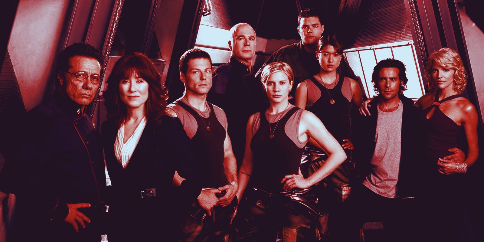 This image shows the Battlestar Galactica cast with a red overlay.