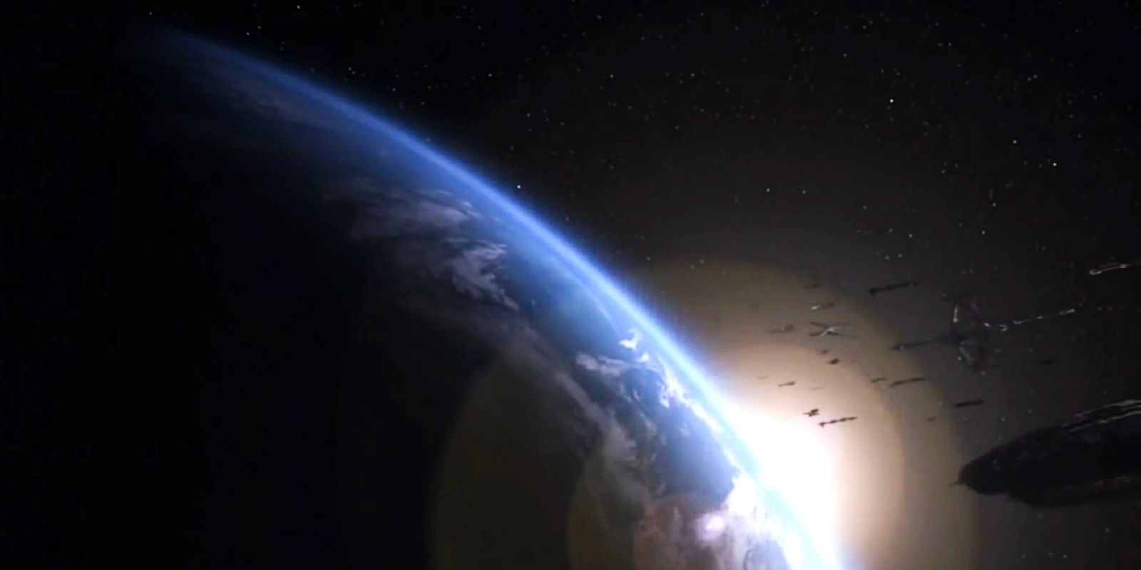 Ships approach Earth in the Battlestar Galactica series finale.