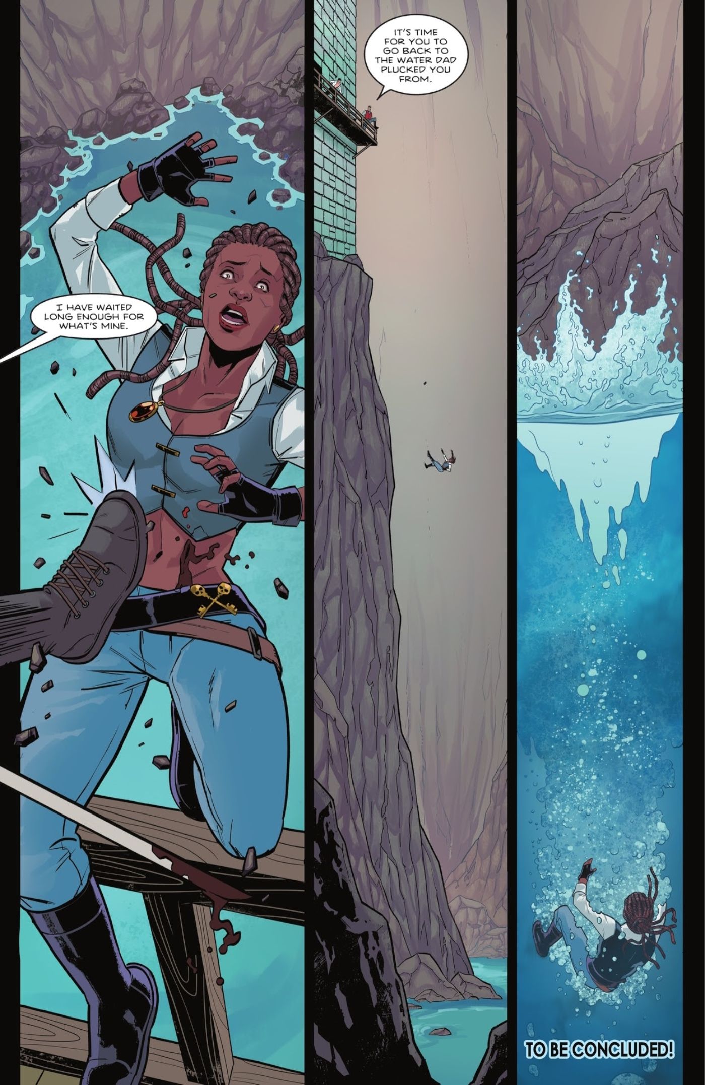Comic book panels: A black woman dressed as a pirate is kicked into the ocean while bleeding from her stomach.