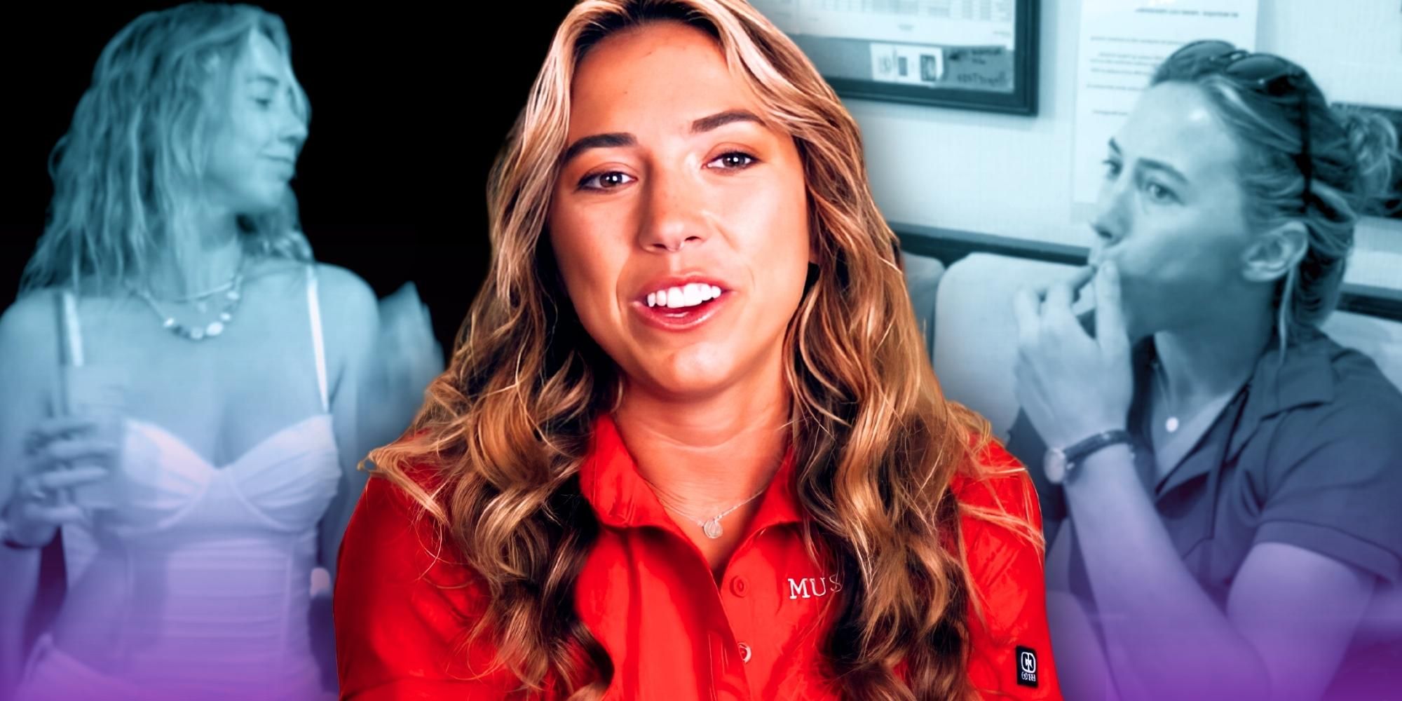 Montage of Below Deck Med's Haleigh Gorman in confessional wearing a red shirt