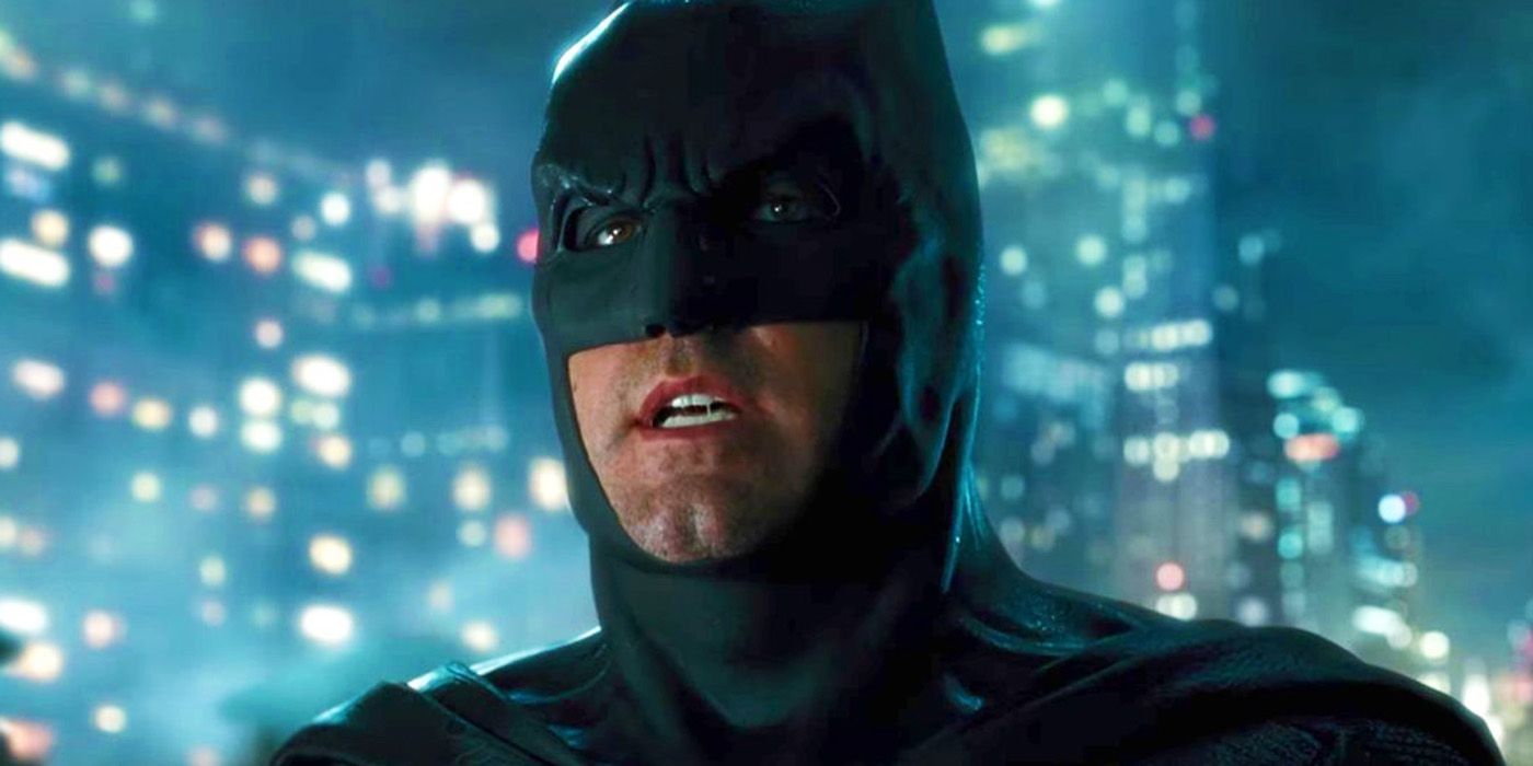 A close-up of Ben Affleck's Batman speaking in Zack Snyder's Justice League