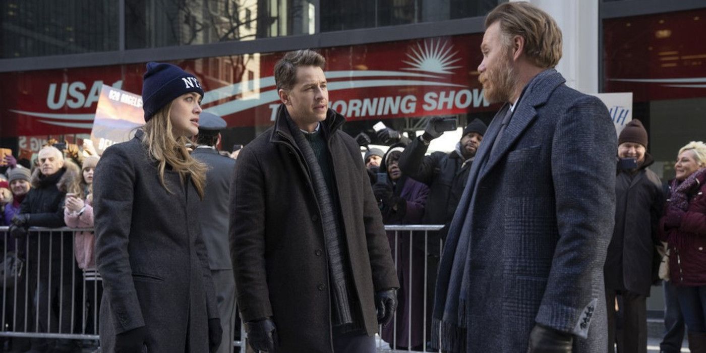 Michaela and Ben Stone talk to Griffin in front of a crowd in Manifest