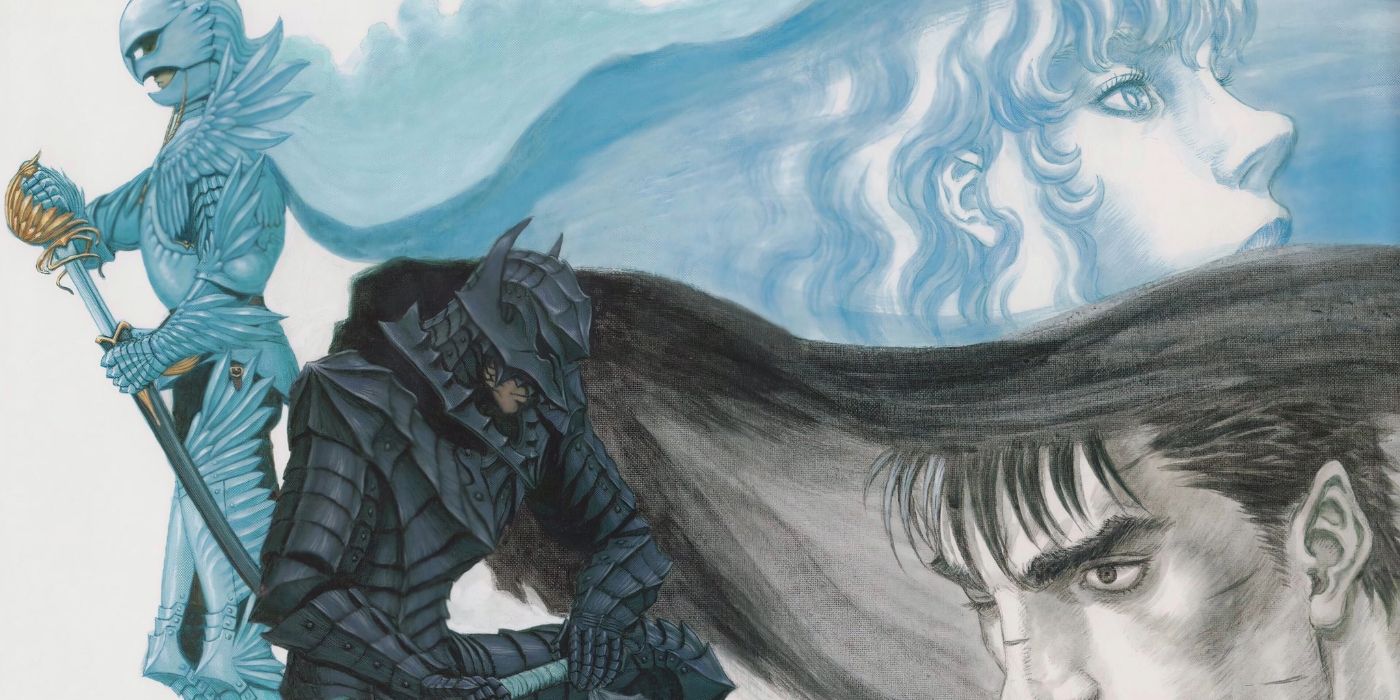 Berserk's Guts and Griffith's faces coming out of blue and black warriors