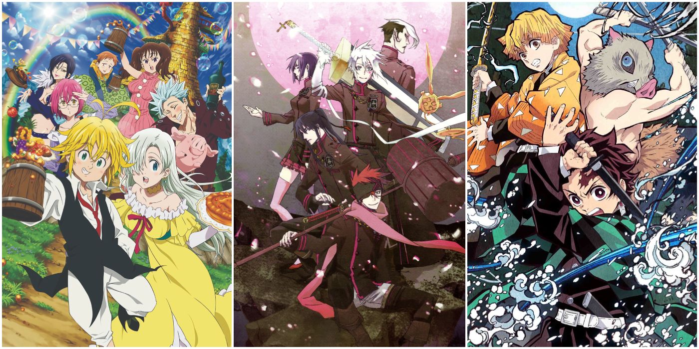 Split Image Featuring Meliodas and Elizabeth from Seven Deadly Sins, Allen Walker and Other Exorcists from D.Gray-man, and Tanjirou, Zenitsu, and Inosuke from Demon Slayer