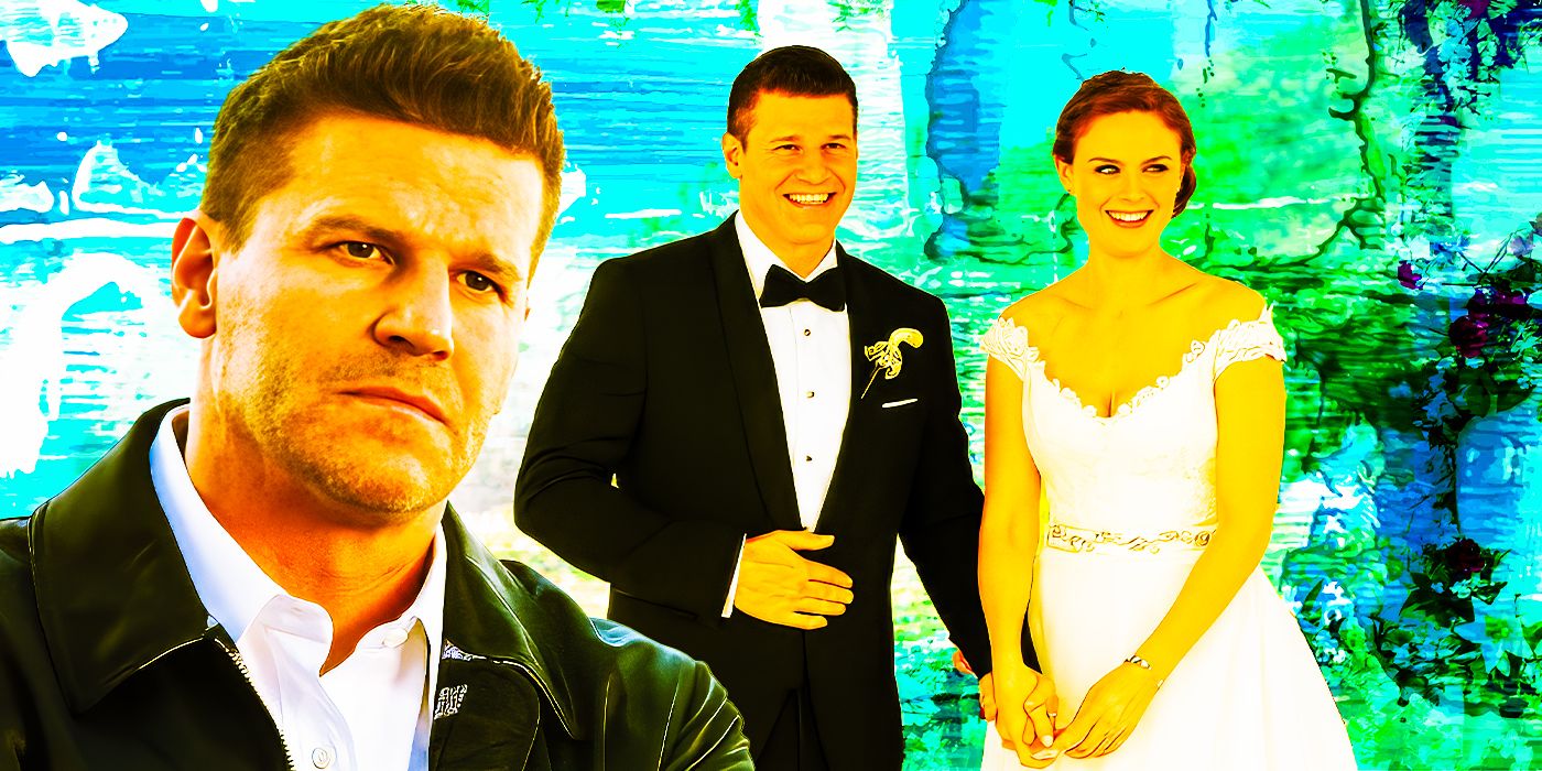 Una imagen compuesta del programa de televisión Bones, que muestra a David Boreanaz como Booth y su boda con Emily Deschanel como Brennan.