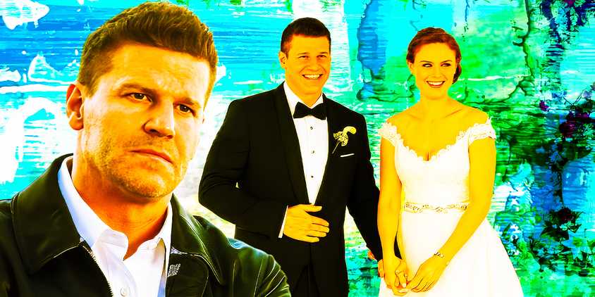 A composite image of the TV show Bones, showing David Boreanaz as Booth and his wedding to Emily Deschanel as Brennan.
