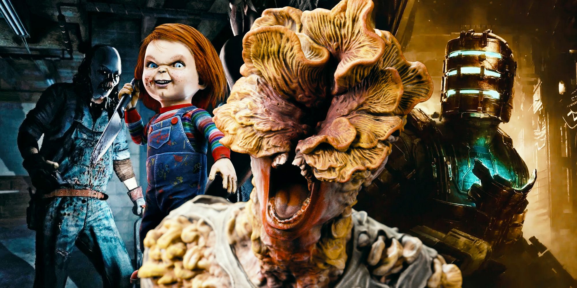 Characters from horror games including a Clicker from The Last of Us Part 1, Isaac in helmet from Dead Space Remake, Chucky from Dead by Daylight and the masked clown from Until Dawn.