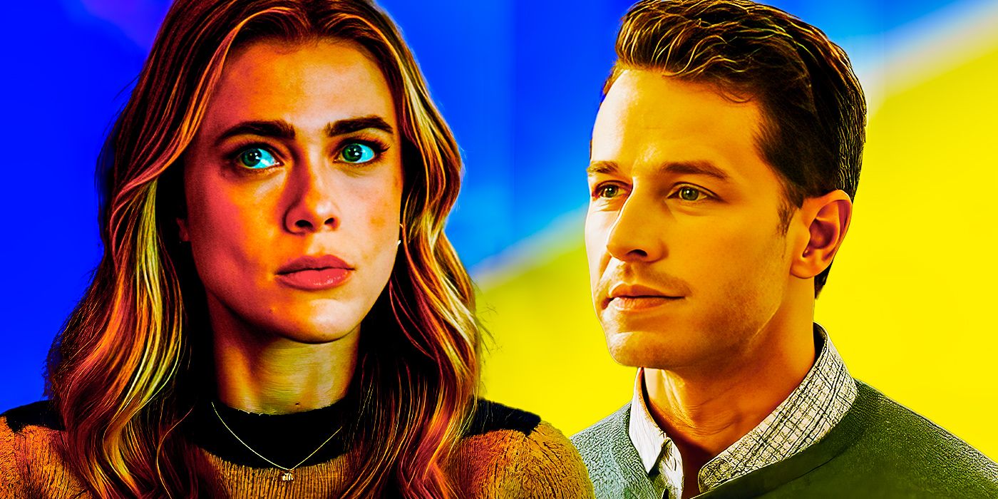 Michaela and Ben Stone from Manifest against a blue and yellow background