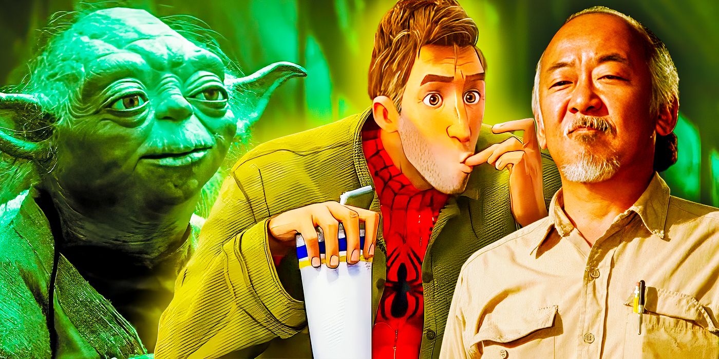A custom image featuring Yoda in The Empire Strikes Back, Peter B. Parker in Spider-Verse, and Mr. Miyagi in The Karate Kid