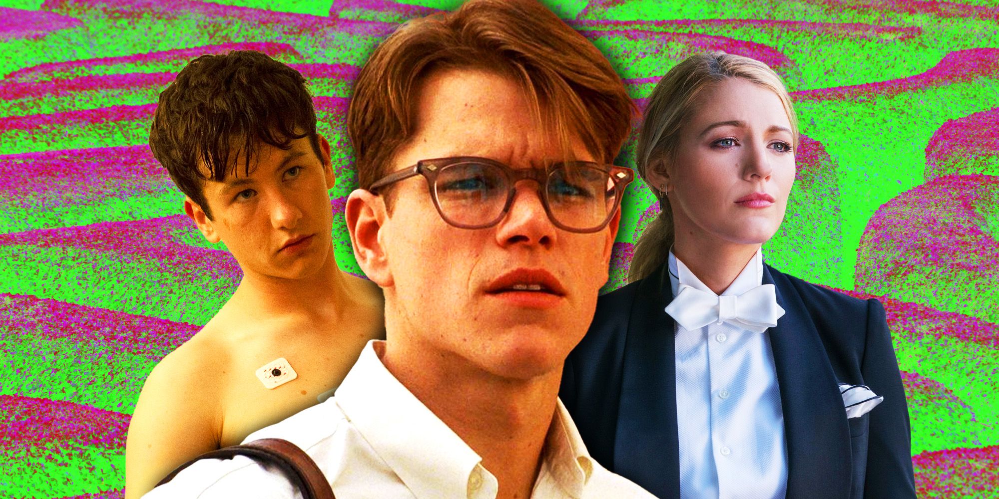 Collage of movies like Saltburn: Barry Keoghan in The Killing of a Sacred Deer, Matt Damon in The Talented Mr. Ripley, and Blake Lively in A Simple Favor