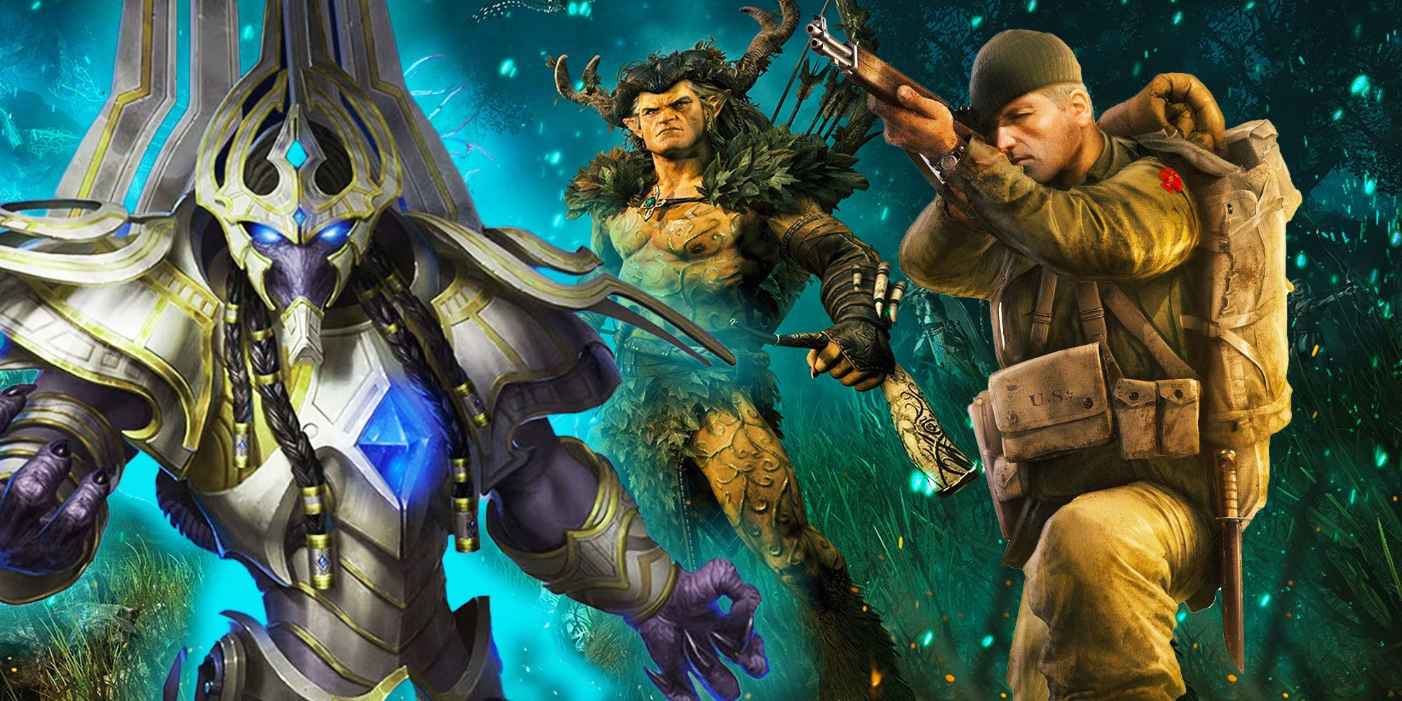 Protoss soldier from StarCraft with a Wood Elf and soldier next to him.