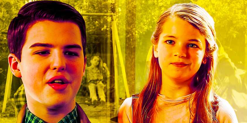 Young Sheldon collage of Iain Armitage as Sheldon and Raegan Revord as Missy with childhood scenes in the background