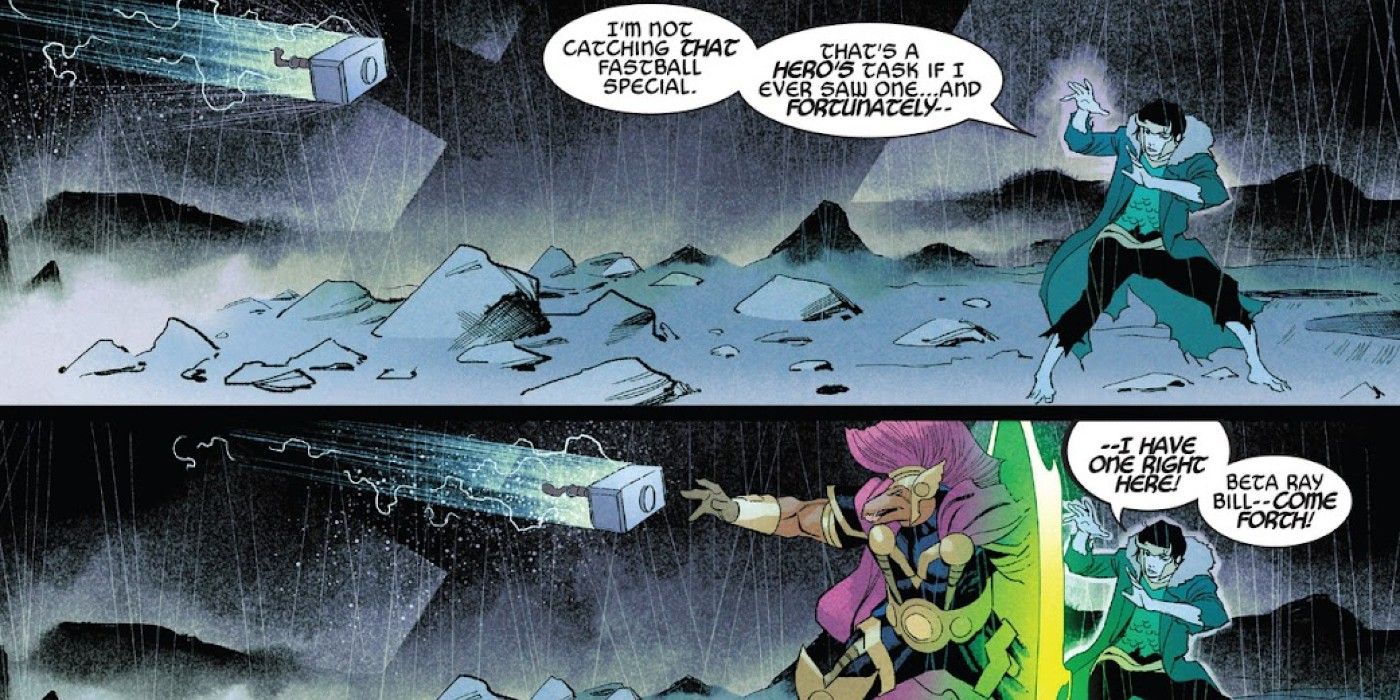 Beta Ray Bill blocks the Immortal Thor and Storm's hammer throw mjolnir at loki
