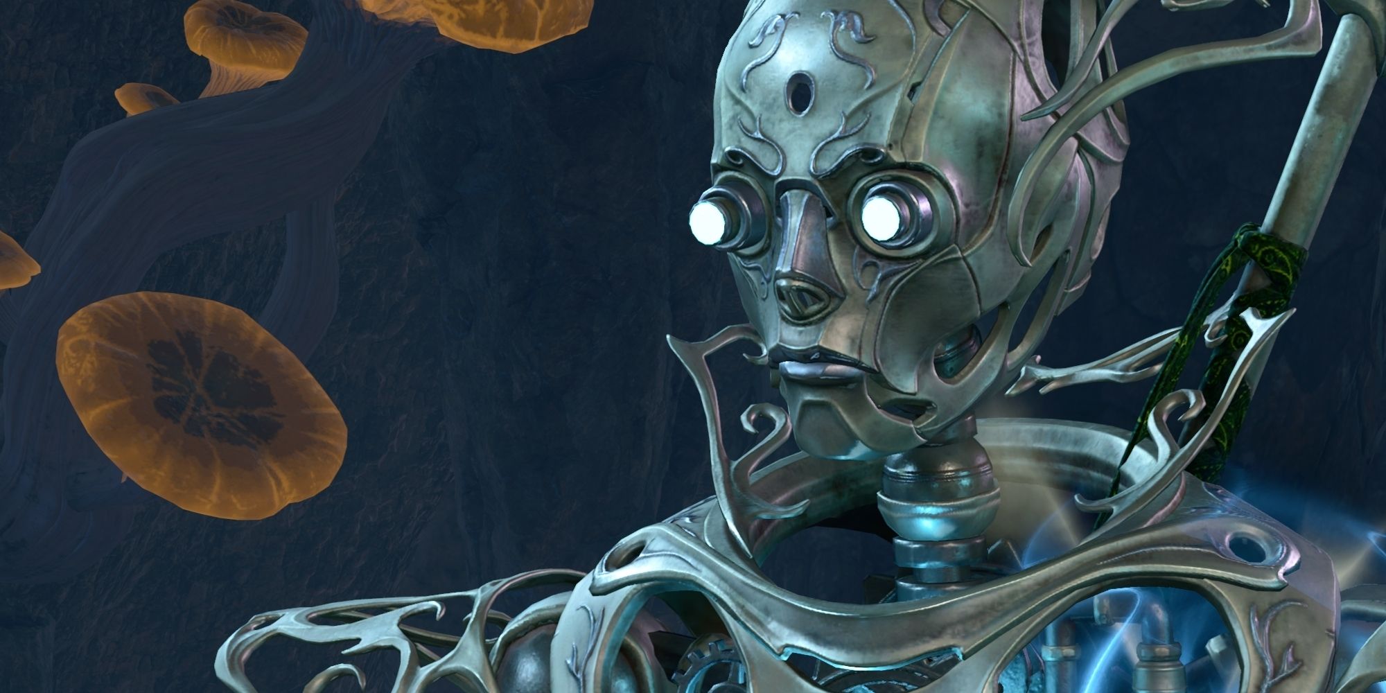 The metallic construct Bernard with an empty stare in a screenshot from Baldur's Gate 3.