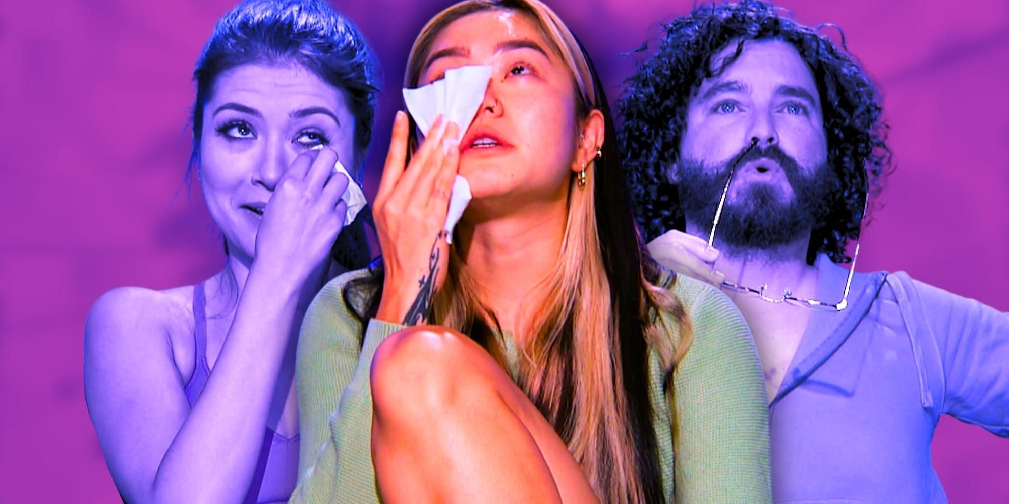 Big Brother 25&rsquo;s Cory Wurtenberger, Cameron Hardin, and Blue Kim, being emotional