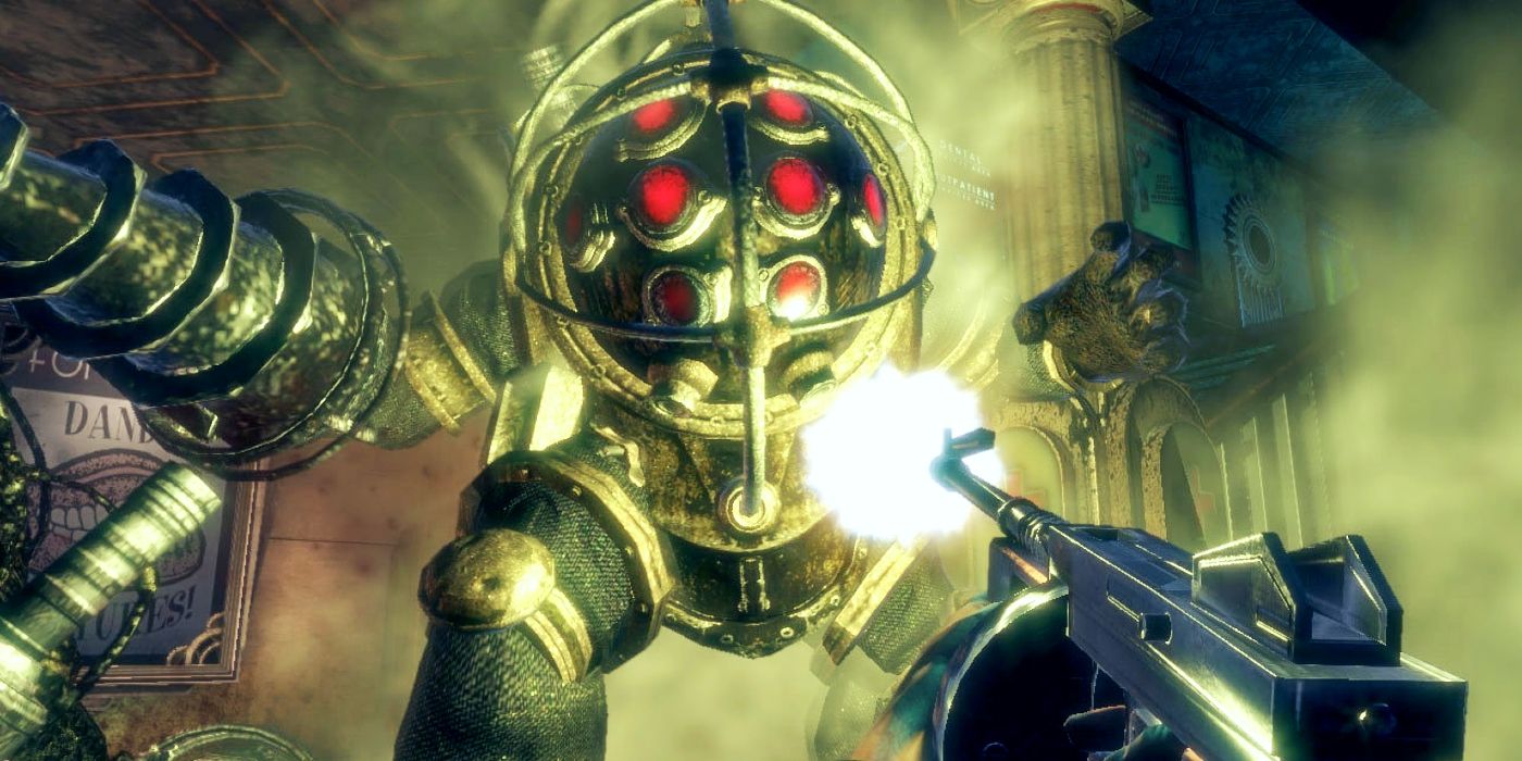 First-person image of a machine gun being fired at a mechanical Big Daddy from BioShock.