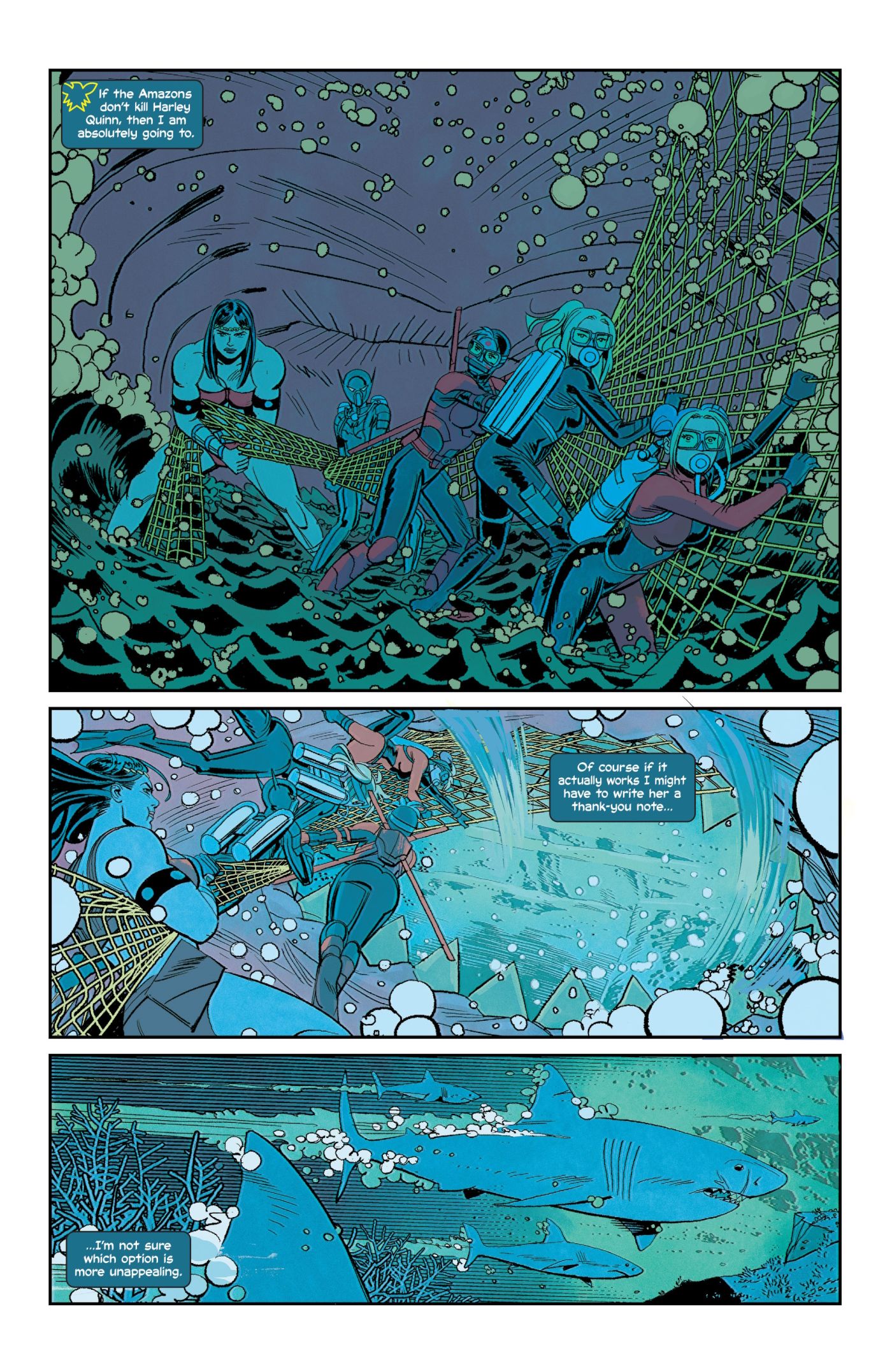 Birds of Prey #3, the team smuggle themselves into Themyscira in the mouth of a megaladon shark