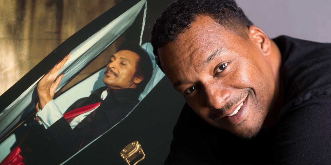 A collage image of Blacula arising from his coffin alongside Blacula reboot director Deon Taylor