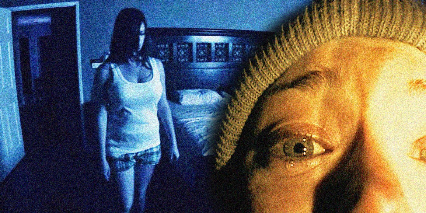 Collage of woman standing in a room in Paranormal Activity by Heather's crying eye in The Blair Witch Project