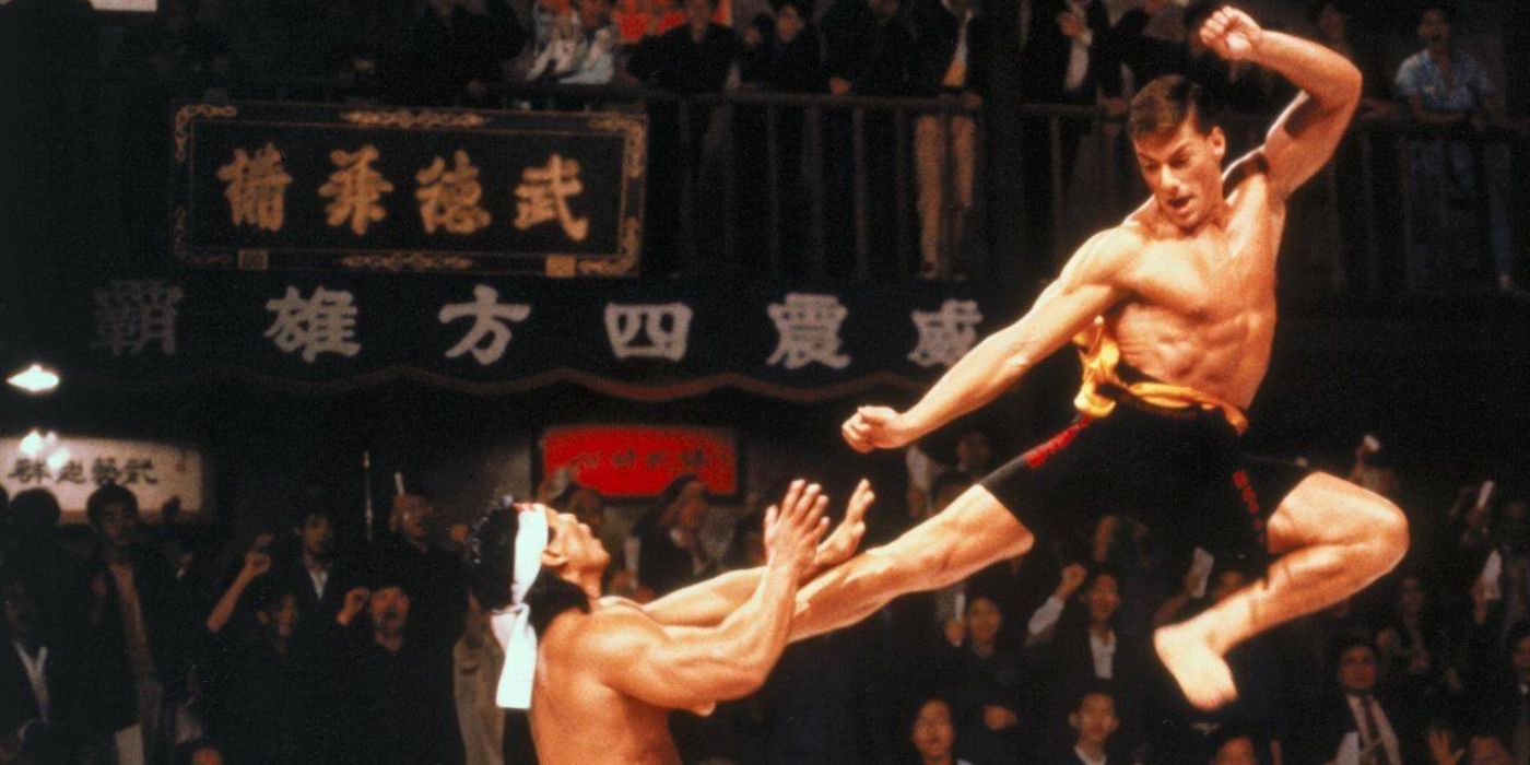 Jean Claude Van Damme kicking Bolo Yeung in the chest with a flying kick in Bloodsport's climax