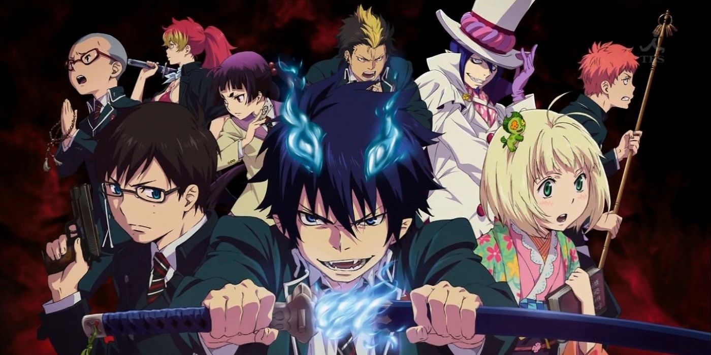 Blue Exorcist character Rin Unsheathing His Sword, With Others in the Background
