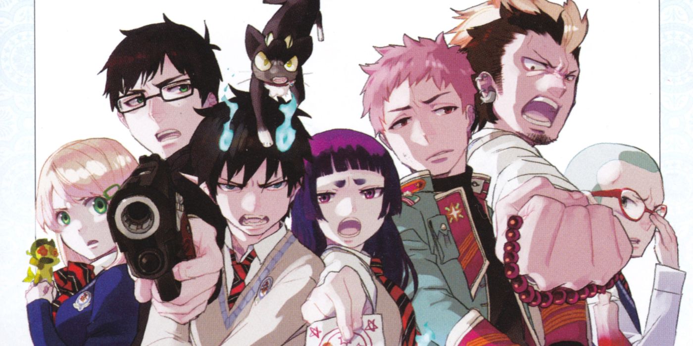Blue Exorcist characters Rin, Yukio, and Others Posing in front of white background