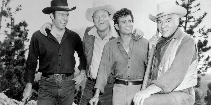 Pernell Roberts, Dan Blocker, Michael Landon, and Lorne Greene as Adam, Hoss, Little Joe, and Ben Cartwright in Bonanza