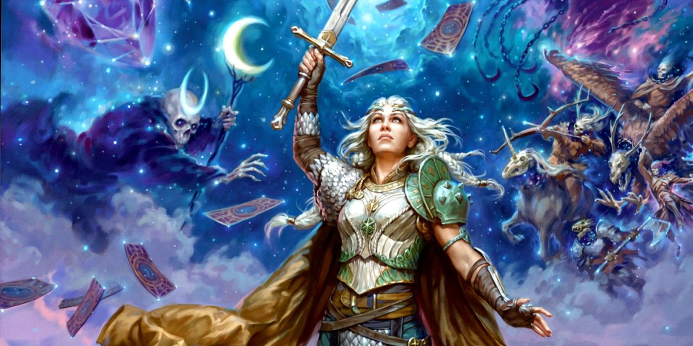 Book Of Many Things Cover Art showing a female warrior with her sword raised high while cards from the deck and enemies are seen behind her.
