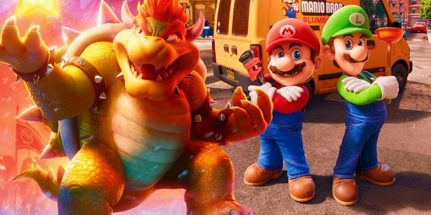 Bowser holding a star next to Mario and Luigi crossing their arms in the Super Mario Bros Movie